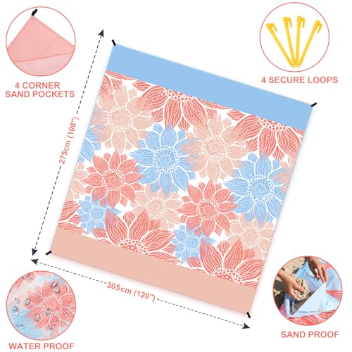 HIHOHO Beach Blanket Waterproof Sandproof Extra Large Beach Mat 79" X 83"/120"x108"for 1-8 Adults Quick Drying Durable Outdoor Picnic Mat for Beach Travel Camping Hiking - color: Blue Flower, size: 120" X 108"（1~8 person）