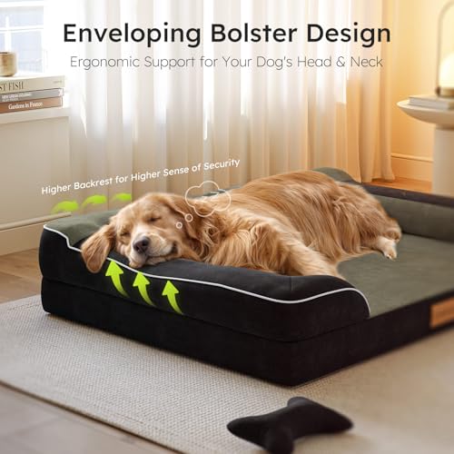CWAWZ Jumbo Dog Bed for Extra Large Dogs, Orthopedic Dog Bed with Cooling Gel Memory Foam, Waterproof Pet Bed with Removable Washable Cover, 45" Pet Sofa Couch Dutch Velvet with Bone Toy, Black - color: Black, size: Jumbo(45"L x 35"W x 9.5"Th)