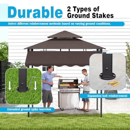 TITIMO 8'x 8' x 7.8' Double Tiered Grill Gazebo with Side Awning,Outdoor Patio BBQ Pergola, Heavy-Duty Metal Frame Canopy Tent with Side Shelves,Hooks,Bottle Opener for Lawn Deck and Garden (Brown) - color: Brown