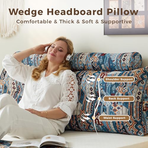 Used as a gift high-end headrest pillow, triangular sponge headboard, queen latex long strip pillow, reading headrest pillow - color: Sky Bloom, size: Queen