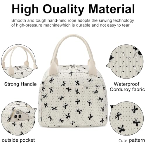 LEDAOU Lunch Box for Women Insulated Lunch Bag Corduroy Lunch Tote Bags Leakproof Cooler Lunch Case for Travel Work Picnic - color: Corduroy Beige-Bow Tie