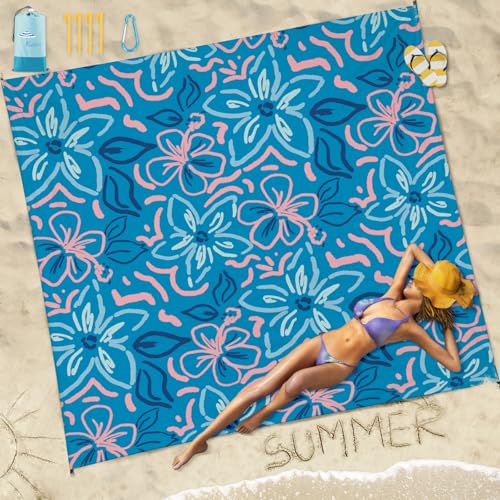 Famstar Beach Blanket Sandproof Waterproof 78''×81''1-5 Adults Oversized,Compact Lightweight Durable Beach Mat for Travel Camping Hiking Picnic Blanket - color: Blue Flower, size: 78''×81''