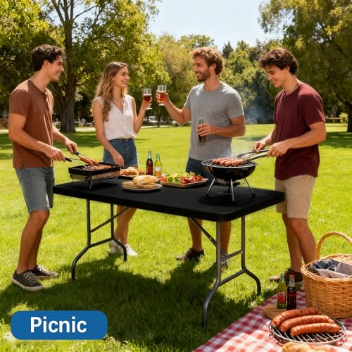 6FT Picnic Black Spandex Table Cloth - 1 Pack Fitted Rectangle Tablecloth for Folding Tables, Washable Table Cover for Outdoor, Camping, Picnic, Banquet and Party(30" x 72") - color: Black-6ft