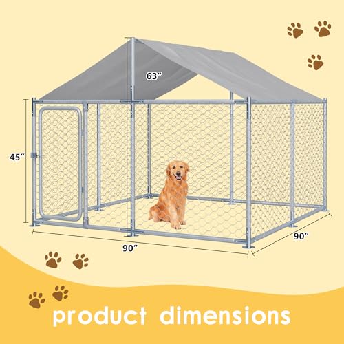 7.5 FT Large Outdoor Dog Kennel with Roof Heavy Duty Dog Kennel House, Galvanized Chain Link Dog Runs Pet Playpen with Waterproof UV-Resistant Cover and Secure Lock - size: 90"×90"×63"