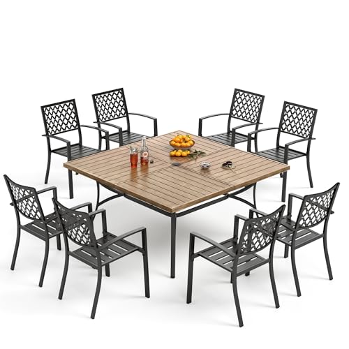 PHI VILLA 9 Pieces Outdoor Dining Set for 8, 57.5" Brown Square Metal Table with Umbrella Hole & Stackable Black Wrought Iron Chairs, Large Outside Furniture Set for Patio, Deck, Yard, Porch - color: Net Back Chair, size: 9PCS-57.5" Wood-like Table