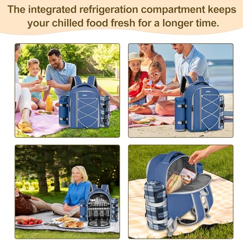 Picnic Backpack for 4 Persons with Insulated Leakproof Cooler Compartment, Cutlery Sets, Wine Holder, Fleece Blanket, Wedding Gifts for Couples, Perfect for Beach, Camping, Hiking, Blue - color: Blue