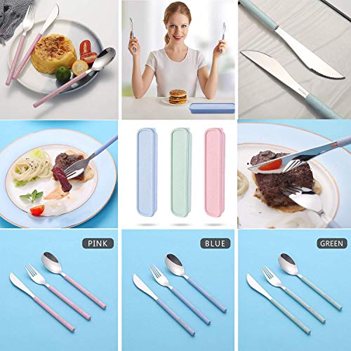 Portable Home Utensils Reusable Flatware Set with Case, Portable Utensils Set With Case Wheat Straw Utensils Travel Cutlery Set Reusable Flatware 3 PCs Fork Spoon Knife With Colored Handle(Green) - color: M Green