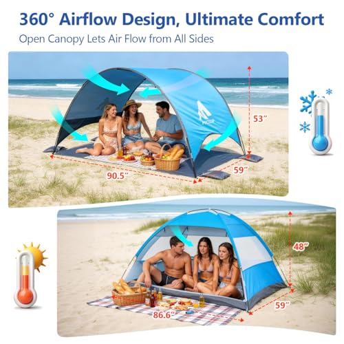 2026 Upgraded Beach Umbrella Canopy with UPF 50+ UV Protection – Portable Beach Tent for Sun, 360° Ventilation, 4 Sandbags, Dual Pockets, Stakes & Ropes, 90.5*59*53 inch for 3 People - style: 90.5*59*53 inch