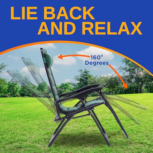 SereneLife Padded Zero Gravity Lounge Chair - Reclining Patio Chairs - Outdoor Lounge Chairs with Detachable Cup Holder Tray - Folding Recliner Chair with Removable Pillows - 1, Green and Black - color: Green