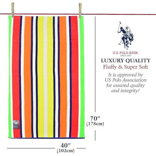 U.S. Polo Assn. Oversized (40” x 70”) Striped Nautical Design Beach Towel - Luxury Plush Cotton Hotel Quality for Bath, Pool - Flame Stripe - color: Flame Stripe, size: 40" x 70"