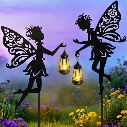 2 Pack Solar Fairy Garden Statues Outdoor Decor, Mother's Day Gift Ideas for Gardening Mom Grandma Birthday, Metal Fairy Figurine Light Stake Housewarming Ornament for Patio Lawn Yard Pathway - color: Fairy-Warm White-2 Pack