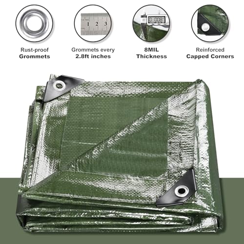 Tarps Waterproof 12x16 Feet, 2 Pack Heavy Duty Green Tarp Cover 8 Mil Thick, Resistant Plastic Tarpaulin with Metal Grommets, Outdoor Tent Cover for Emergency Rain - color: Green-8mil, size: 12'x16' 2pk