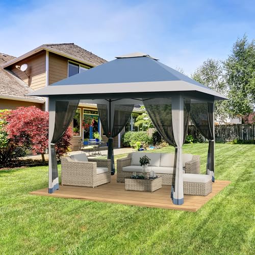 13X13 Pop Up Gazebo,Outdoor Canopy Tent with Mosquito Netting, Double Vented Roof Sun Shelter with Adjustable Heights,Outdoor Gazebo for Backyard & Patio Furniture.（Navy Blue-Four Sides gazebos） - color: Navy blue + heather gray