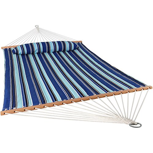 Sunnydaze Quilted Double Hammock for Outside with Spreader Bars and Pillow - 450 lb Capacity, 74x55 Inch Bed, UV Resistant, Quick Dry - Chains Included, Stand Sold Separately - Catalina Beach - color: Catalina Beach