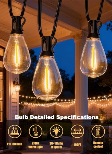 100FT Outdoor String Lights Waterproof, 36+1 Shatterproof S11 LED Bulbs, Extra Long Patio Lights for Outside, Bistro Cafe Decor, Backyard Garden Hanging Lights, Outside Fence Light String - size: 100FT