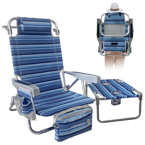 Backpack Beach Chair Aluminum with Folding Camping Table 5-Position Lay Flat Lounge Chair Outdoor for Adults with Insulated Cooler Bag and Cup Holder - color: Navy, size: 1 PACK