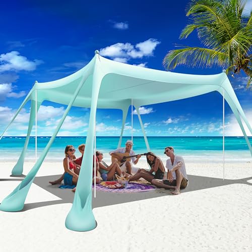 Beach Canopy Beach Tent Pop Up Shade 10x10ft Sun Shelter UPF50+ with 8 Sandbags-2 Sand Shovel-4 Aluminum Poles-Ground Pegs-Portable Carrying Bag for Outdoor Family Camping Fishing Yard Picnic - color: Turquoise