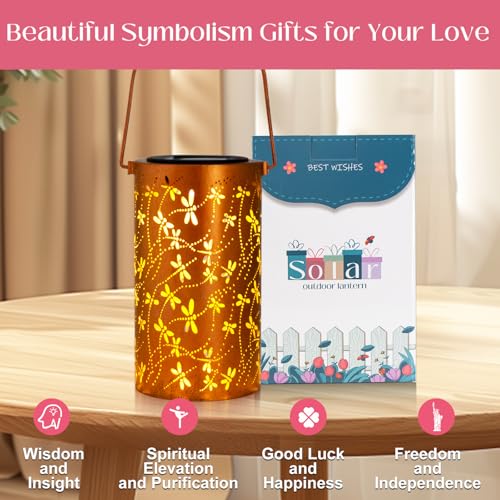 DIBIEECN Mothers Day Gifts for Mom, Birthday Gifts Grandma Ladies Solar Lanterns Outdoor Hanging Hollowed-Out Metal Waterproof LED Garden Decor Outside for Patio Yard Porch, Dragonfly, 1 Pack - style: Dragonfly
