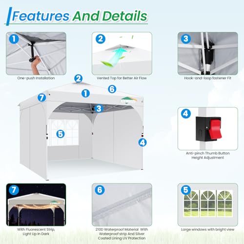 COBIZI 10x10 Pop Up Canopy with 3 Removable Sidewalls, Easy Pop Up Comercial Instant Canopy with One Push Center Lock, Waterproof Canopy with Sidewalls for Event, Rope & Stakes & Sandbags, White - color: White, size: 10x10ft (old model)