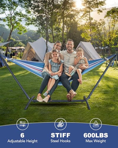 EveryFun Double Hammock with Heavy-Duty Steel Stand,Portable,Easy Assembly,600lbs Weight Capacity,Suit for Indoor,Yard,Camping,or Outdoor-Fine Blue - color: Dc-fineblue