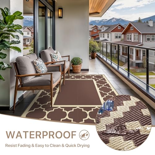 GENIMO 5' x 8' Outdoor Rug Waterproof for Patio Decor, Foldable Reversible Plastic Straw Area Rugs Mat for Camper, Outside Carpet for Rv, Deck, Porch, Picnic, Beach, Balcony, Coffee & Beige - color: Coffee&beige, size: 5' x 8' (Rectangular)