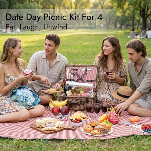 Picnic Basket Set for 4 Persons with Cooler and Waterproof Picnic Blanket, Classical Wicker Picnic Baskets with Waterproof & Sand-Proof Beach Mat,Willow Hamper Service Gift Set - size: 15.55" for 4 Persons with Cooler