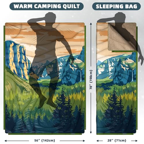 Outdoor Camping Blanket with Sherpa Lining, Extra Warm Thick Camp Blankets and Puffy Ultralight Soft Poncho DWR Camping Quilt for Cold Weather, Adventure, Sleeping, Backpacking 78"x 56" - color: Green Sierra Nevada, size: 78 x 56 inches