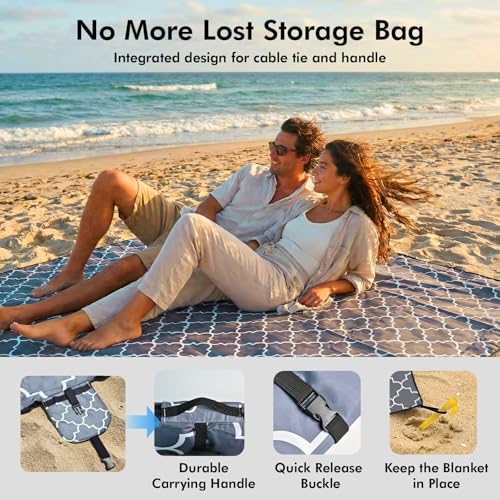 Beach Blanket Waterproof Sandproof, 79 x 79in Large Beach Mat for 1-3 Adults, Quick Drying Lightweight Durable Outdoor Picnic Mat with Stakes for Travel Camping Hiking (Grey)