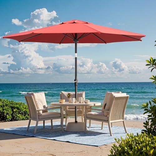 Outdoor Patio Umbrella with One Push Button Tilt and Crank, 8 Sturdy Ribs Market Table Umbrella - color: Red-Steel Ribs, size: 9FT
