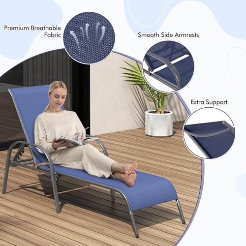 Tangkula Outdoor Lounge Chair, Patio Chaise Lounge with Adjustable Backrest, Reclining Pool Lounge Chair for Outside with Heavy Duty Steel Frame for Beach, Yard, Balcony, Poolside (Navy) - color: Navy