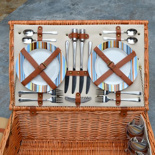 Picnic at Ascot Dorset English-Style Willow Picnic Basket with Service for 4, Coffee Set and Blanket - Santa Cruz - color: Wicker With Santa Cruz Plates/Napkins