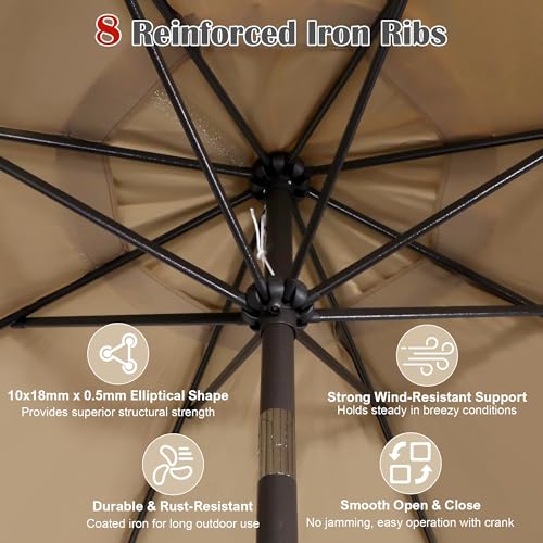 Blissun 9' Outdoor Patio Umbrella, Outdoor Table Umbrella, Yard Umbrella, Market Umbrella with 8 Sturdy Ribs, Push Button Tilt and Crank - color: TAN