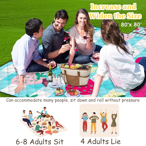 Extra Large Picnic Blanket Waterproof,80"x 80"Foldable Machine Washable Beach Blankets,Outdoor Blanket for 6-8 Adults,Picnic Mat Suitable for Indoor Crawling,Park Beach,Camping,Hiking,Travel (Blue） - color: Blue Strawberry, size: 6'8" x 6'8" (Square)