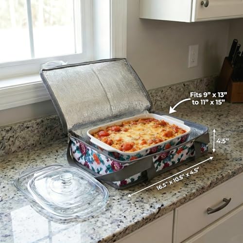 Insulated Casserole Carrier Fits Pioneer Woman Kitchen Stuff & 9x13 Baking Dish, Leakproof Lasagna Lugger Tote, Thermal Food Warmer Bag for Potluck, Picnic, Travel - Vintage Floral & Mom Gifts - color: Floral#3