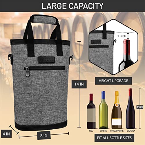opux Two Bottle Wine Bag Carrier Tote, Insulated Leakproof 2 Bottle Wine Cooler Bag for Travel BYOB Picnic, Portable Wine Case, Gift for Men Women Wine Lover Birthday Party Christmas, Heather Grey - color: Heather Gray