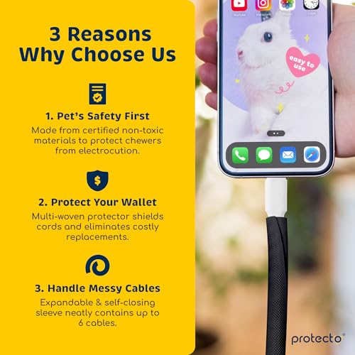 PROTECTO Heavy Duty Dog & Cat Cord Protector 10ft Long Sleeve, Easy-to-Use 3/8 in Cord Cover for Pet, Odorless Black Color, No Chew Solution for Power, Audio & Video Wire Tubing, Fits 4-6 Cables - color: Black, size: 3/8"-10ft - 1pk