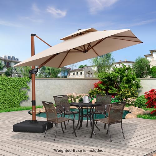 PURPLE LEAF Patio Umbrella with Base Outdoor Square Large Cantilever Umbrella Windproof Offset Heavy Duty Sun Umbrella for Garden Deck Pool Patio, 9ft Beige - color: Beige, size: 9'X9', style: Base Included