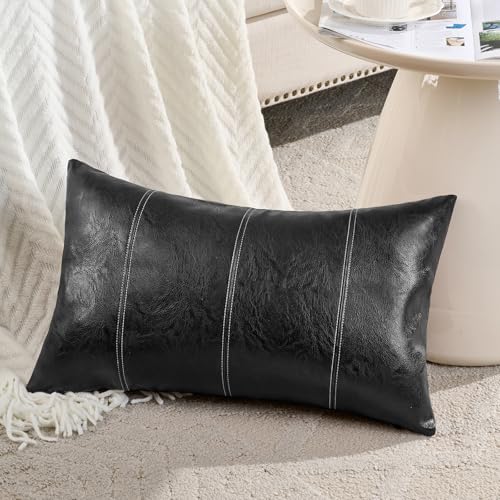 Fancy Homi 2 Packs Black Lumbar Faux Leather Decorative Throw Pillow Covers 12x20 Inch for Living Room Couch Bed Sofa, Boho Farmhouse Home Decor, Hand Stitched Rectangle Cushion Case 30x50 cm - color: Black, size: 20" x 12" (Pack of 2)