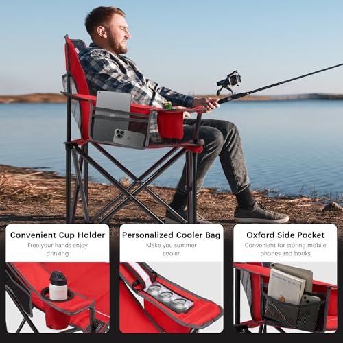 Unisakey Oversized Folding Camping Chair for Adults - 450lbs Support - Heavy Duty Portable Lawn Chairs with Side Pocket Cup Holder Cooler Bag for Sports Garden Beach Fishing, Red - color: Red