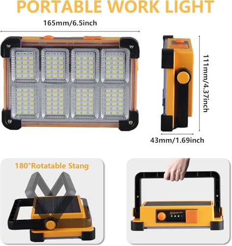 2 Pack 120W Solar Rechargeable Work Light, 144 LED 10000LM Portable Flood Light with Stand, IP66 Waterproof 4 Modes LED Job Site Lighting Flashlights for Mechanic Camping Fishing Car Repair - style: Yellow 2 Pack