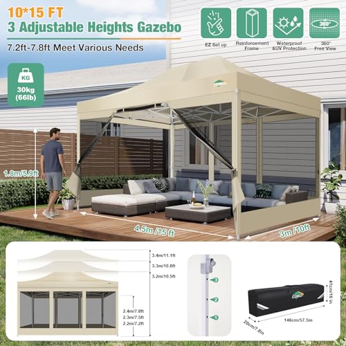 COBIZI 10x15 Canopy Tent, Heavy Duty Pop up Canopy with Sidewalls, Waterproof Easy Setup Canopy with Mosquito Netting, Outdoor Instant Screen Tents for Parties, Wedding, Backyard with Carry Bag, Khaki - color: Khaki, size: 10x15FT
