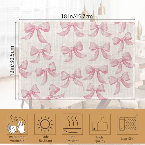 Pink Bows Placemats Set of 6,Cute Waterproof Non-Slip Washable Table Mats for Kitchen Dining Holiday Party Wedding Decor 12x18 Inch - color: Pink Bows,cute