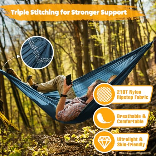 NATUREFUN Ultra-Light Travel Camping Hammock | 300kg Load Capacity,Breathable,Quick-Drying | 2 x Premium Carabiners,2 x Nylon Slings Included | Outdoor Indoor Garden - color: Navy Blue, size: 275x140cm