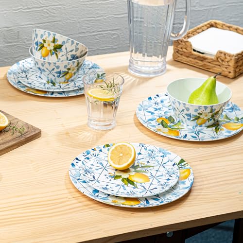 Bzyoo 12-Piece Melamine Dinnerware Set - Lemon Tiles | Lightweight, Durable, BPA-Free | Dishwasher Safe Dish Set for Indoor & Outdoor Use - Perfect for Camping, BBQs - color: Lemon Tile