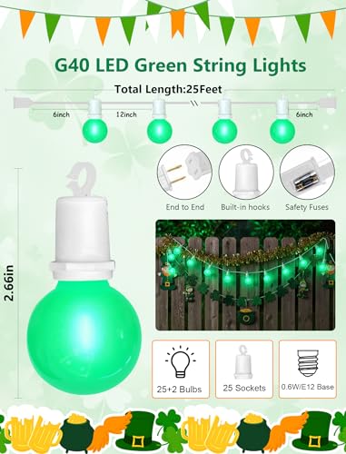 G40 LED St. Patrick's Day String Lights Outdoor, 25Ft St Patricks Decorations Lights Outdoor with Ceramic Green Round Bulbs, Hanging Patio Lights Shatterproof for Indoor Home Decor Party, White Wire - color: Ceramic Green, size: 25Ft