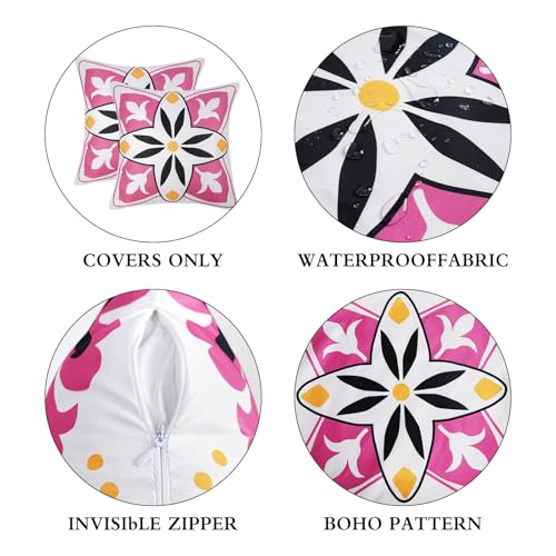 Pyonic Black Hot Pink Outdoor Pillows Waterproof Throw Pillow Covers Set of 4 Floral Printed and Boho Farmhouse Outdoor Pillow Covers for Patio Funiture Garden 18x18 Inch - color: Black Pink, size: 18" x 18" (Pack of 4)