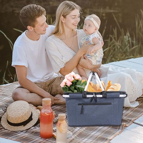 Picnic Basket, SIYUAN Collapsible Shopping Basket with Lid 27L Large Market Basket with Handles Reusable Folding Grocery Basket Insulated Cooler Bag for Picnic Travel, Blue - color: Blue