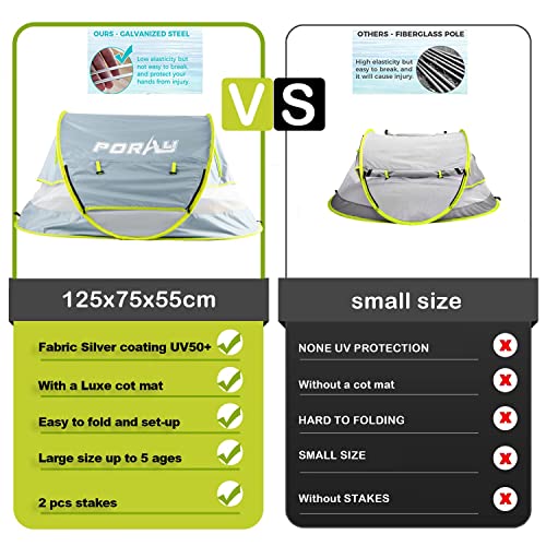 Poray Portable Baby Beach Tent with UPF 50+ Sun Shelter,Mosquito Net and Sunshade, Ideal Pop Up Kids Travel Tent with Carry Bag & 2 Stakes,Outdoor Indoor Play and Sun Protection - style: Large Deluxe Gray & Mat