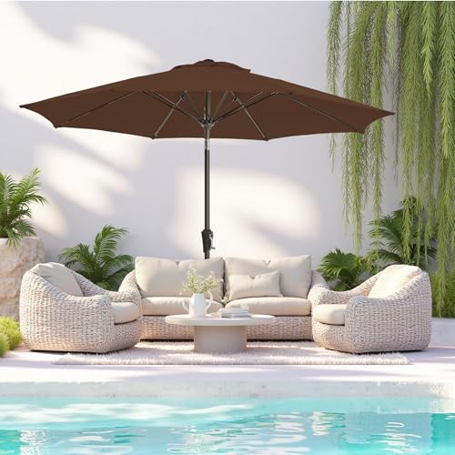 9FT Large Outdoor Patio Umbrella Pool Market Umbrella-UV Resistant, Easy Push Button Tilt and Crank, 8 Sturdy Ribs Heavy-Duty Table Umbrella for Deck, Backyard, Garden (Brown) - color: Brown, size: 9 FT