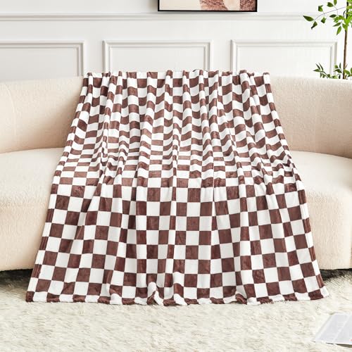 Edenleaf Brown Checkered Blanket, Ultra Soft Cozy Flannel - Checkered Grid Print Throws for Bed Sofa Couch, Luxury Throw Blanket for All Seasons, 50x60 Inch, Brown - color: 01 Brown, size: Throw-50"x60"